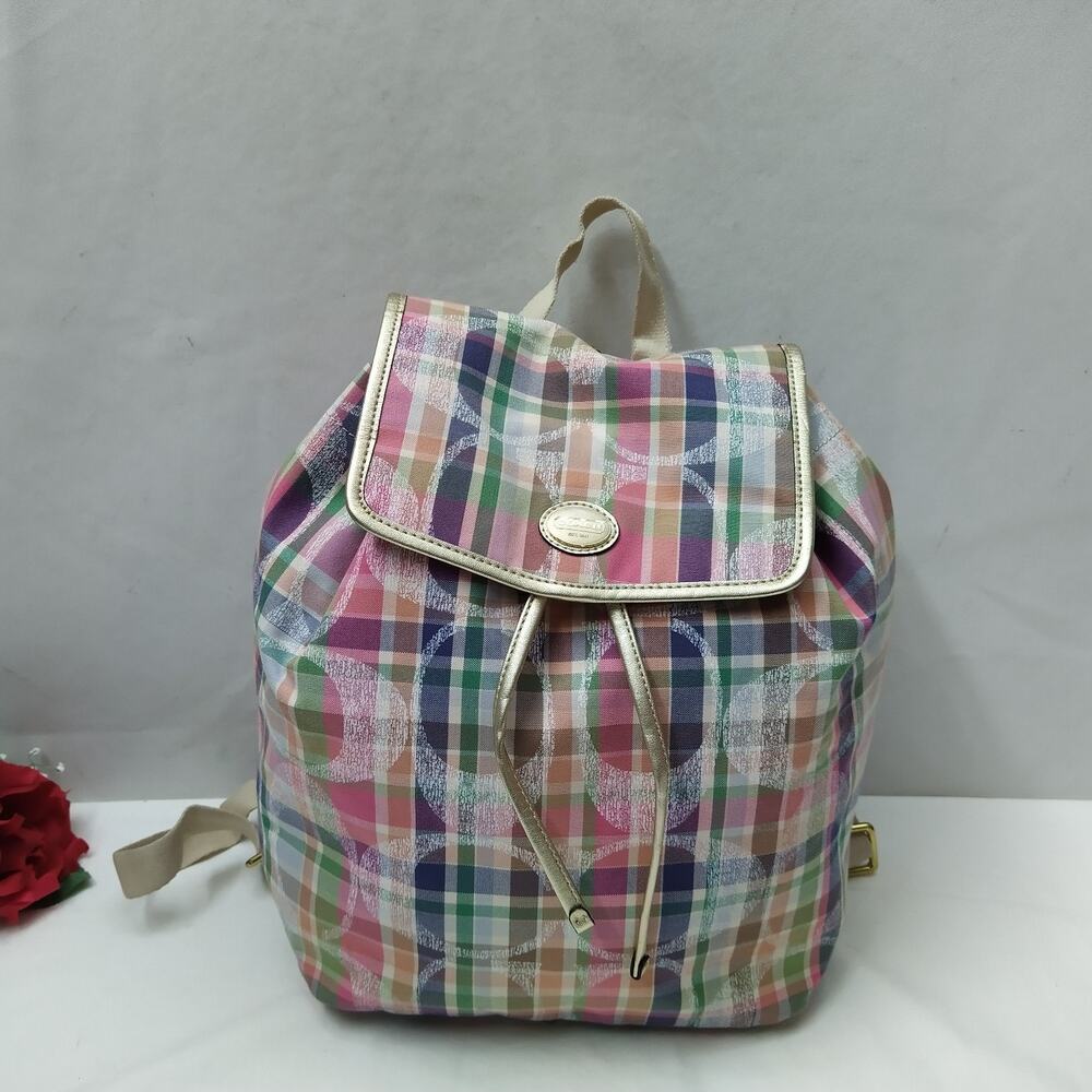 Coach Multicolor Daisy Madras Plaid Top Handle Drawstring Backpack